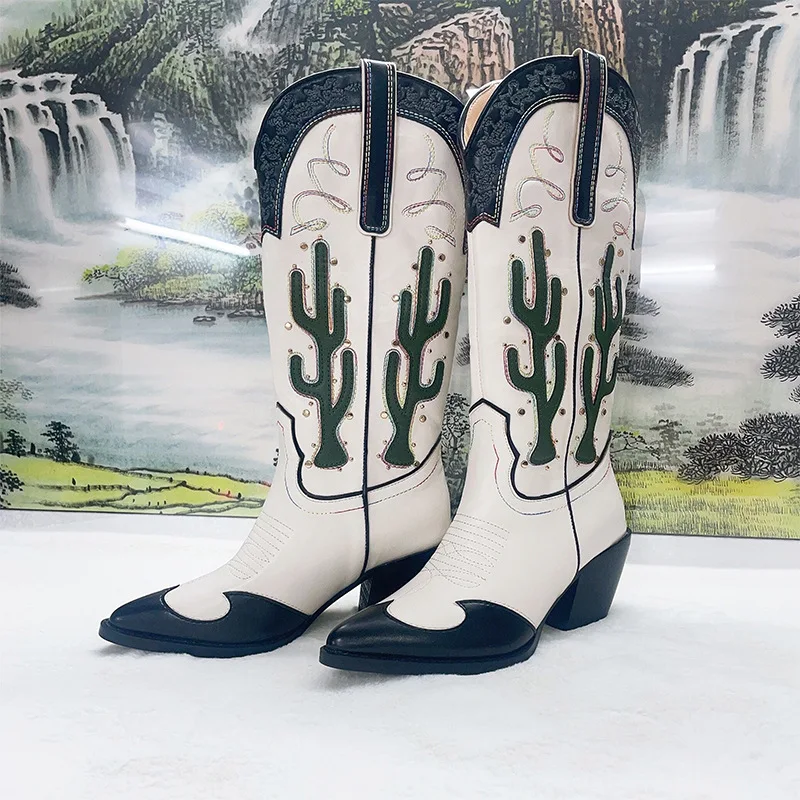 Cactus Western Cowboy Boots Women's Autumn Pointed Toe Rivet Embroidery Long Boots Chunky Heel Hiking Shoes