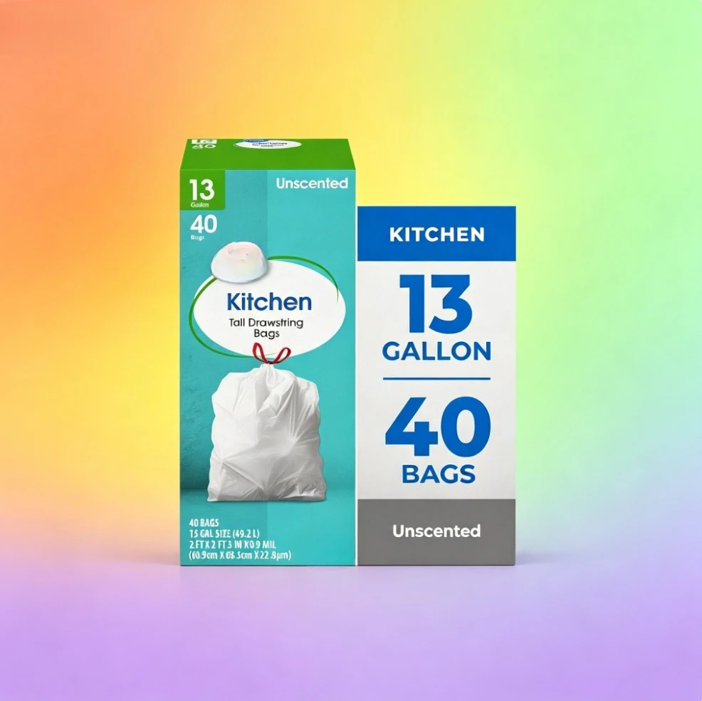 Great Value 13-Gallon Drawstring Tall Kitchen Trash Bags, Unscented, 40 Bags