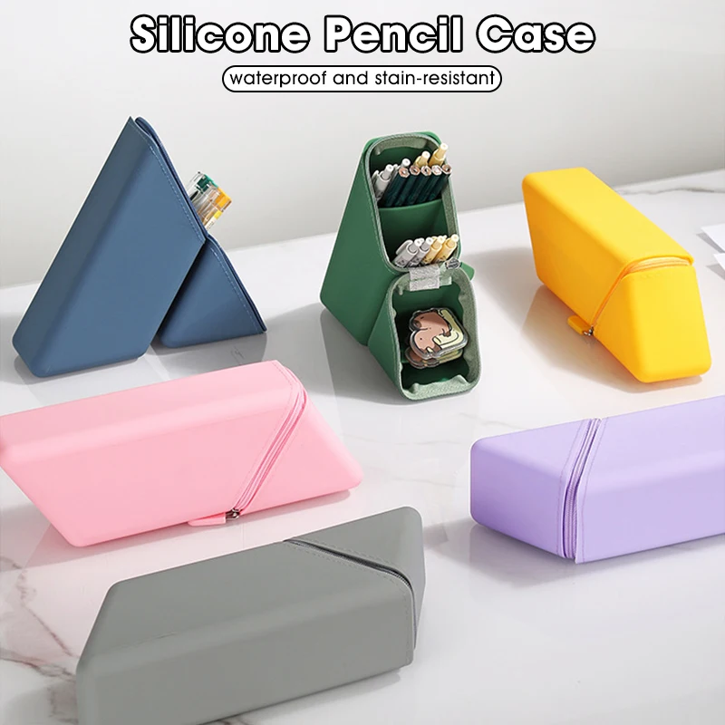 Foldable Silicone Pen Holder Pencil Case, Large Capacity Gradient Rectangular Stationery Organizer for Desk School Gift Office