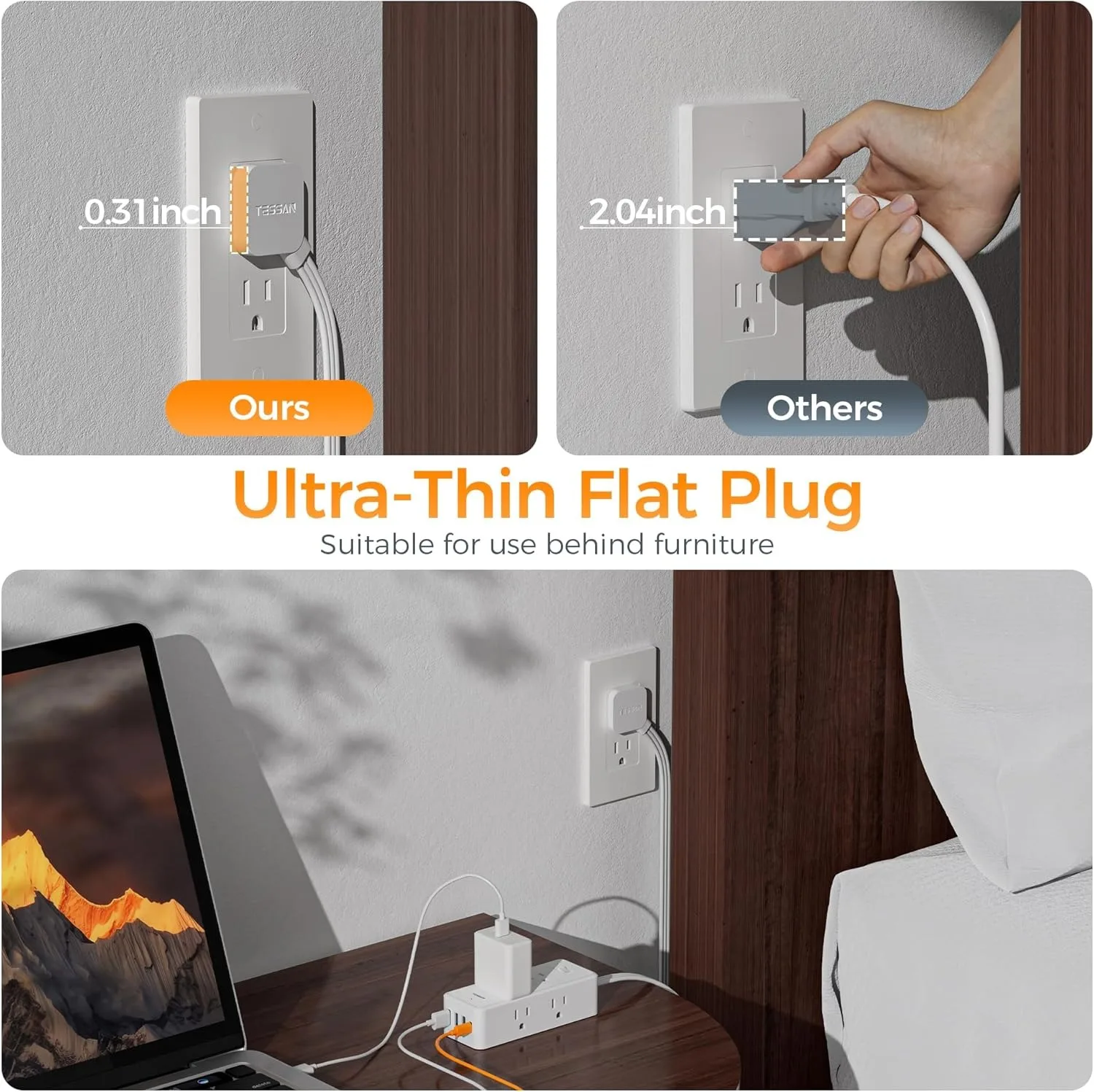 TESSAN Extension Cord USB Multicontact Power Strip Multiple Flat Socket with 6 AC Outlets & 4 USB Ports 5 Feet for Bedroom Home