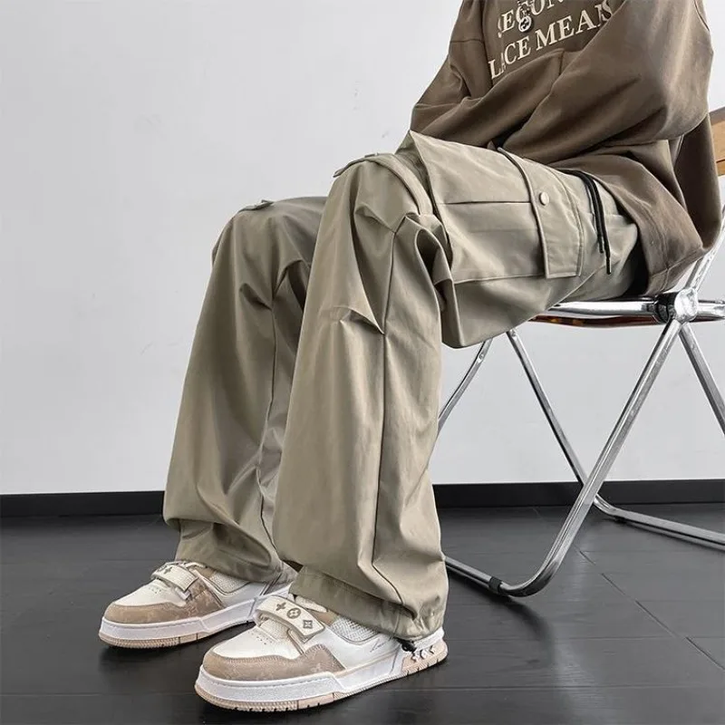 Drawstring Solid Color High Waisted Pockets Button Elastic Casual Loose Men\'s Clothing Spring Autumn Cargo Trousers Pants