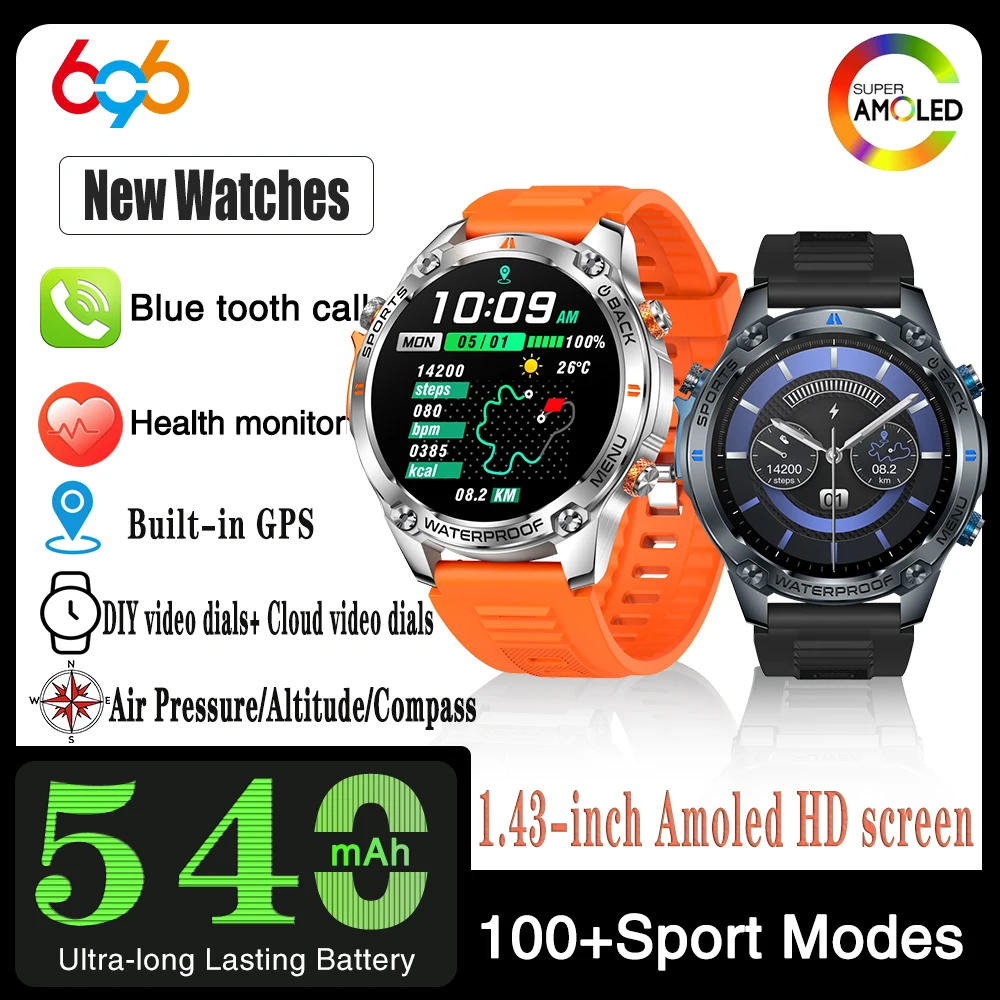 

GPS Smartwatch Открытый AMOLED Экран Компас Монитор здоровья Барометрический Высотомер Альбом BT Вызов Смарт-часы Мужчины 540 мАч Видеоdial