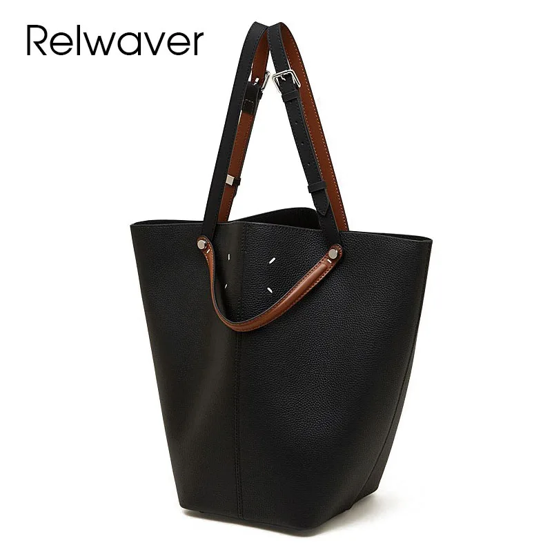 

Relwaver genuine leather shoulder bag black grey big bucket bag commuting ladies hand bag 2026 spring