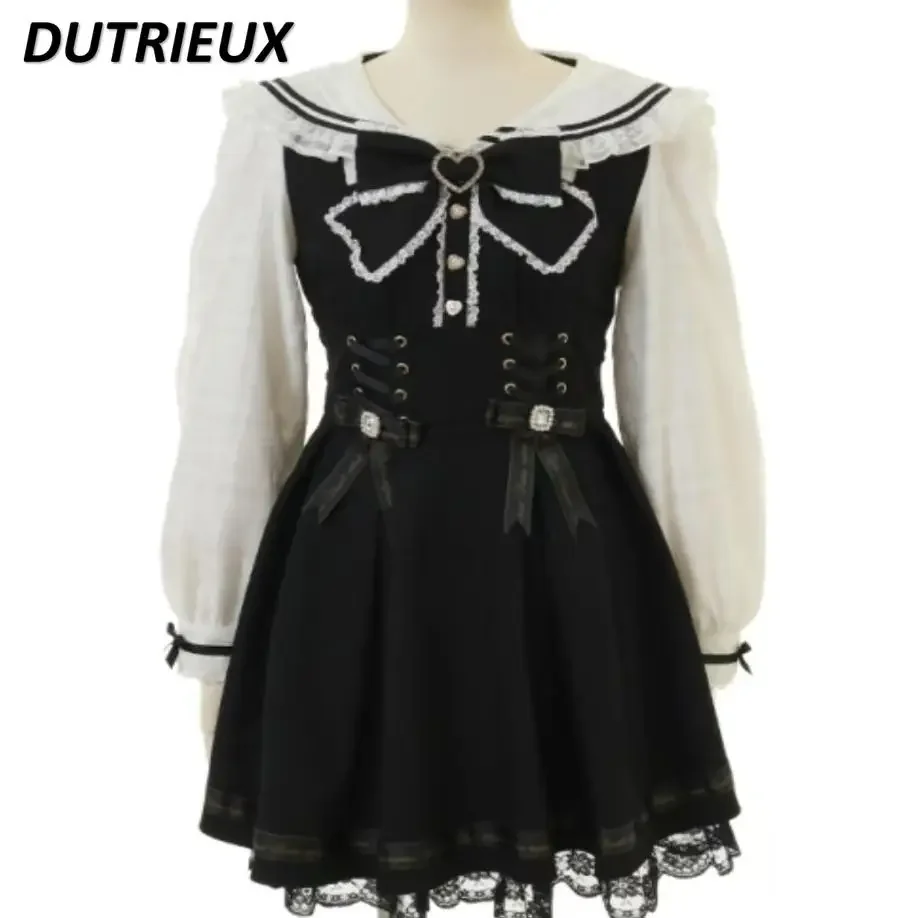 

Japanese Lolita Sweet Girl Mine Naval Style Bow Dress Spring New Slimming Waist Lace-up Long-sleeved Dresses for Women