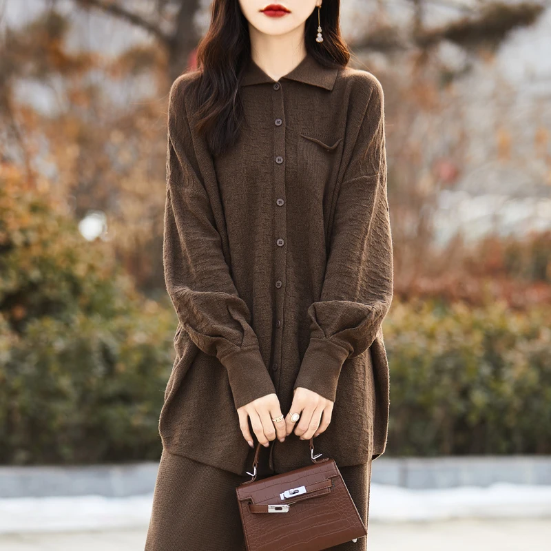 100% Wool Spring and Autumn Women's Suit Shirt Collar Sweater Cardigan Loose Casual Wide-Leg Pants Knitted Fashion Two-Piece Set view 3