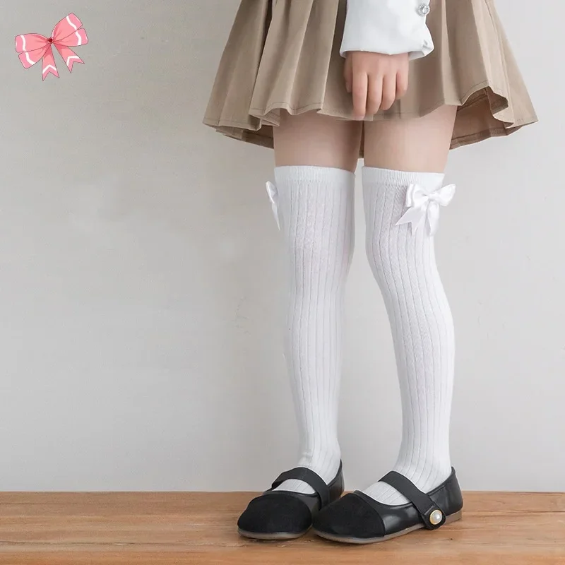 1Pair Soft Knee High Sock for Kids Girl Sweet Koren Fashion Bow Leggings Stocking Sock Cotton Spring Autumn Children School Sock