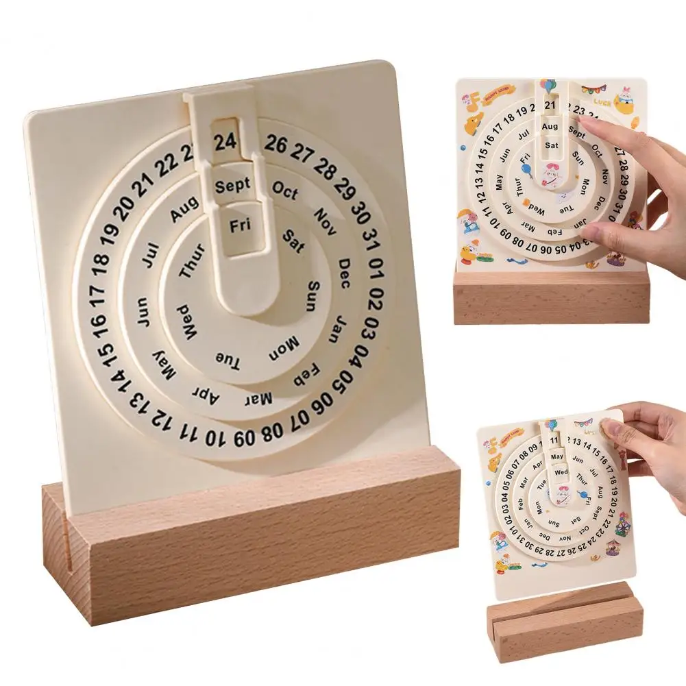 Desk Perpetual Calendar Small Rotating Desk Circular Calendar with Wooden Base Month Week Day Display Wheel Calendar