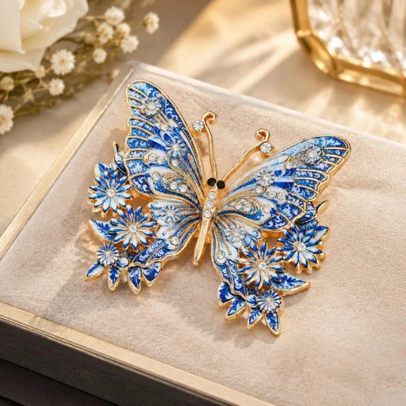 Butterfly Brooch with Raised Flowers and Leaves, Multicolor Faceted Gold-Tone Outline, and Pin-Back Closure 24BB