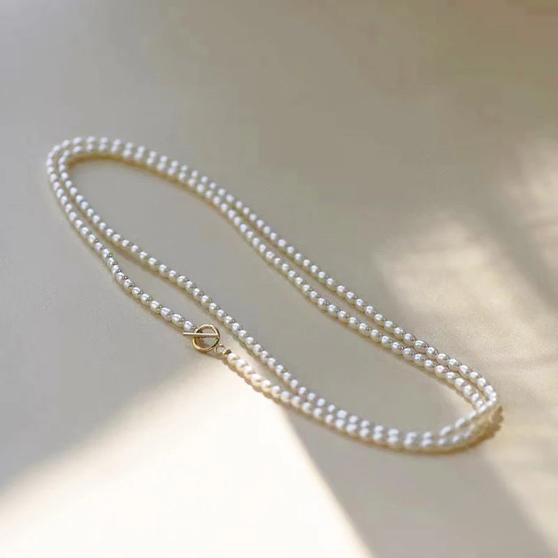 

Classic 65/90cm Natural Pearl Sweater Chain Simple Coat Chain with 3.5-4mm Rice Shape Freshwater Pearls 14K Gold Filled OT Clasp