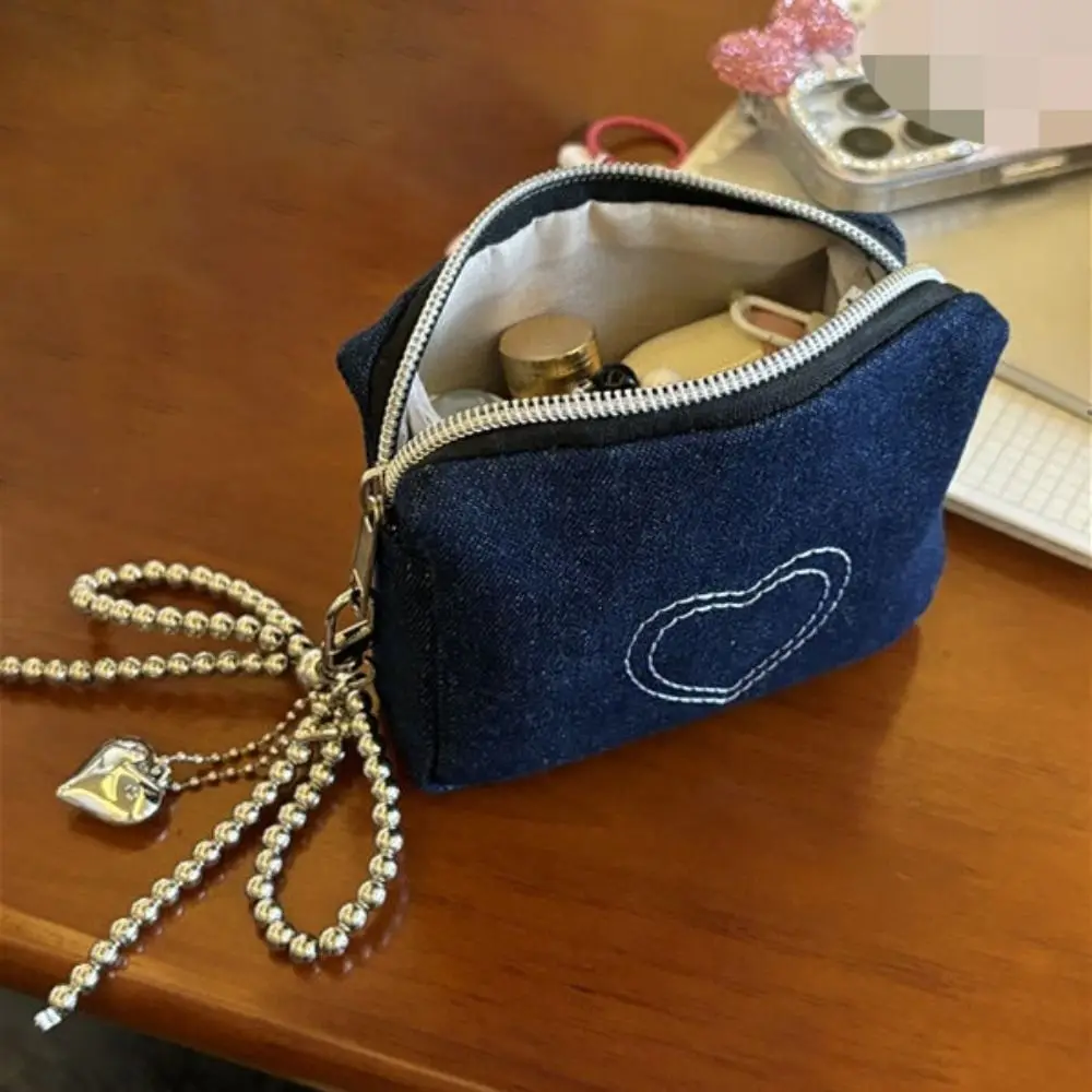 패션 데님 하트 모양 패턴 메이크업 가방, 대용량 화장품 파우치, 휴대용 문구 가방, 여행 세면 용품 가방