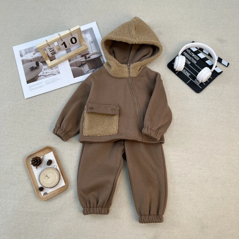 

2025 Winter New Children's Fleece Color Blocked Lamb Wool Hoodie and Pants Two Piece Set