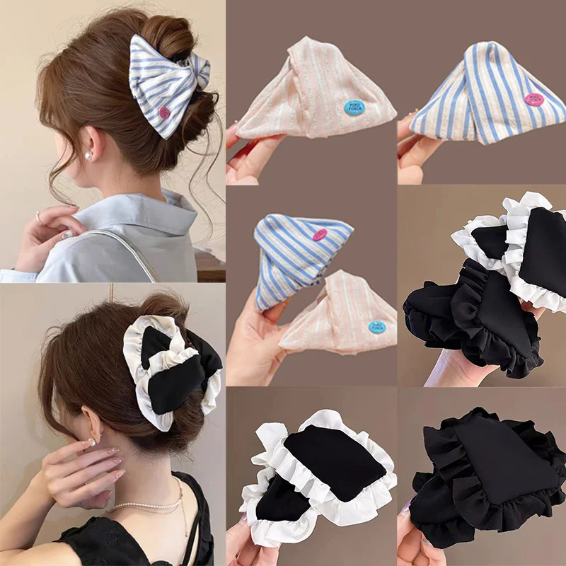 

Solid Color Fabric Macrame Triangle Hair Clip for Woman Elegant Striped Shark Clip Fashionable Girls Back of The Head Hair Clamp