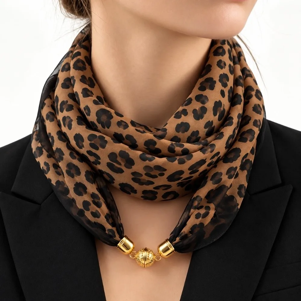 Soft Magnetic Buckle Scarf Thin Magnetic Snap Leopard Print Square Scarf Korean Style Lightweight Neck Warmer Daily Outfit