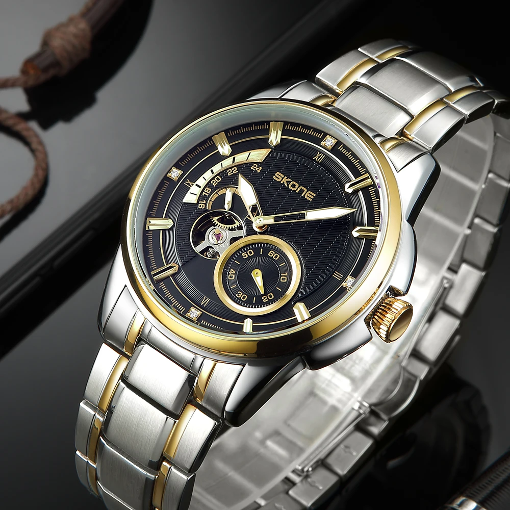 SKONE นาฬิกากลไกอัตโนมัติเต็มรูปแบบกันน้ําสําหรับผู้ชายพร้อมแถบเหล็ก นาฬิกาธุรกิจแบรนด์ไฟกลางคืนอินเทรนด์