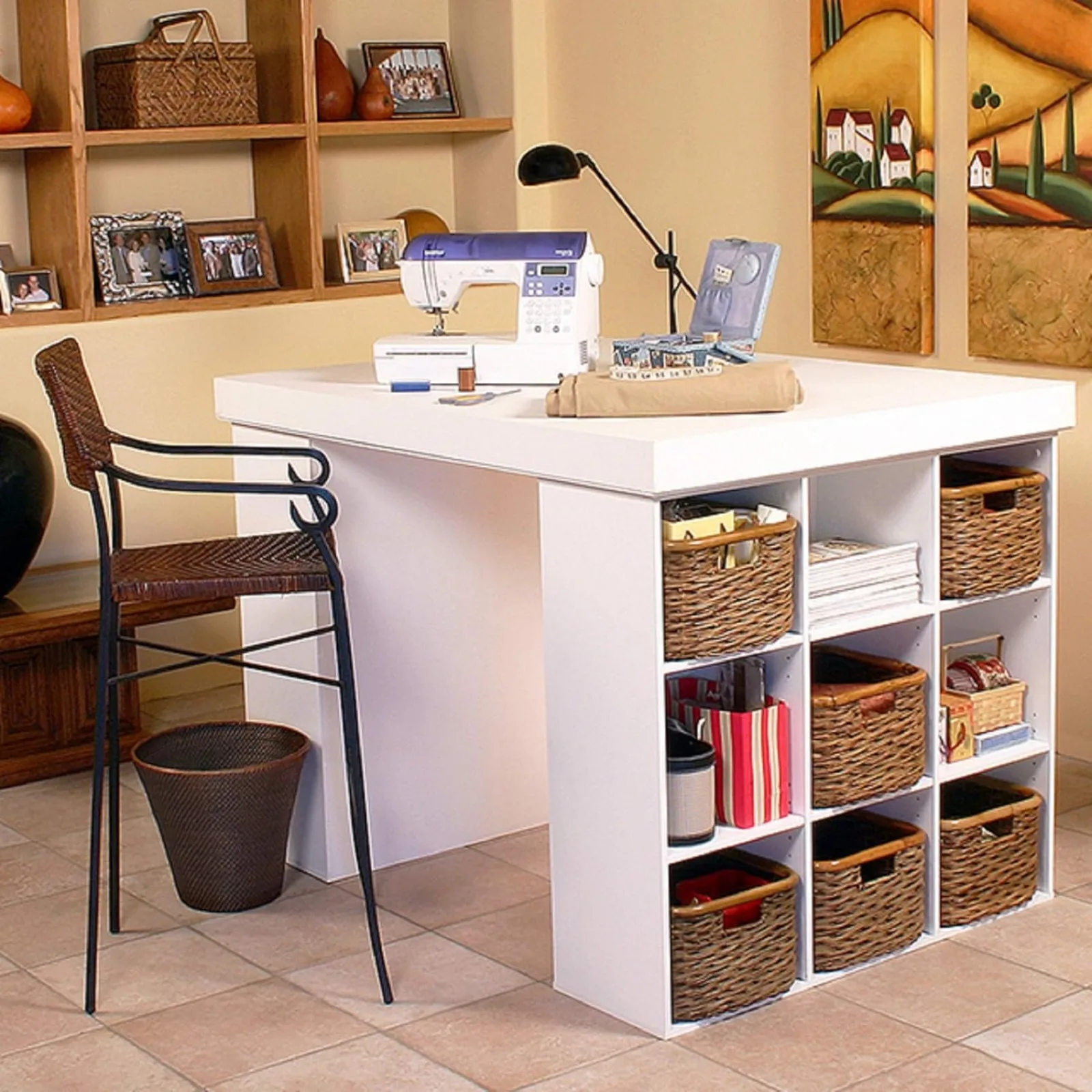 

US Project Center Desk with Two 9-Cubby Bookcase Sides (White)