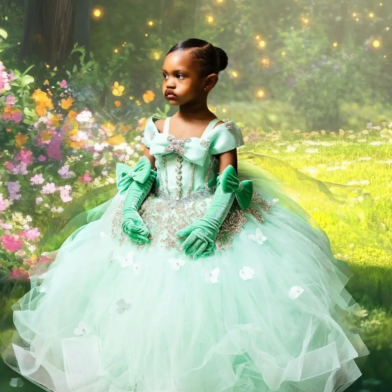 

Mint Green Flower Girl Dresses for Wedding Beading Bow Litter Baby Girls Birthday Photos Shoot Kids Prom Gowns for Party