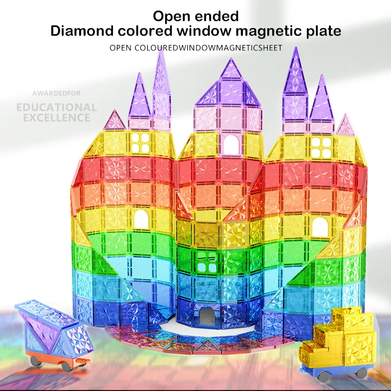 หน้าต่างสีเจาะพื้นผิวสีแม่เหล็กขนาดใหญ่ชิ้น Building Block เด็กแม่เหล็กของเล่นประกอบปริศนา DIY ชิ้นแม่เหล็ก