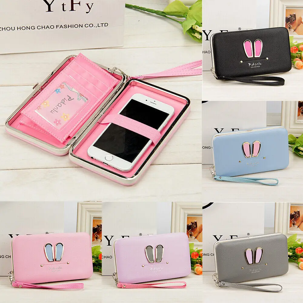 

Cartoon Rabbit Ears Women's Cell Phone Box Wallet Credit Card Holder Purse with Wristlet Handbag