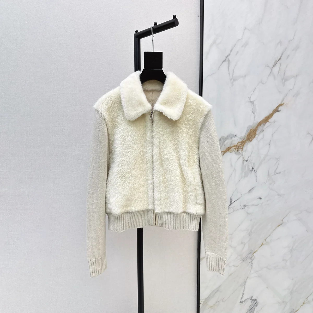2026 Women Lapel Faux Mink Fur Jacket, Knit Sleeve Zip Up Short Coat 3 Colors261021125