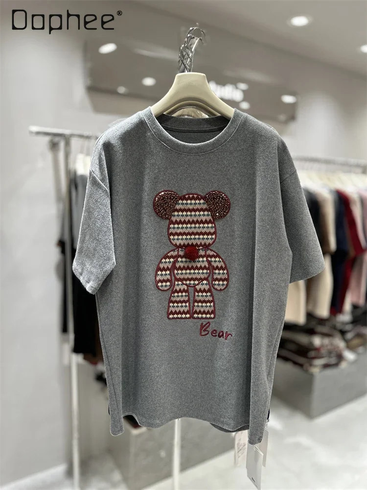 Heavy Industry Embroidered Bear Half-sleeved Top Autumn and Winter Thickened Cotton Loose Mid Length Short-sleeved T-shirt Women