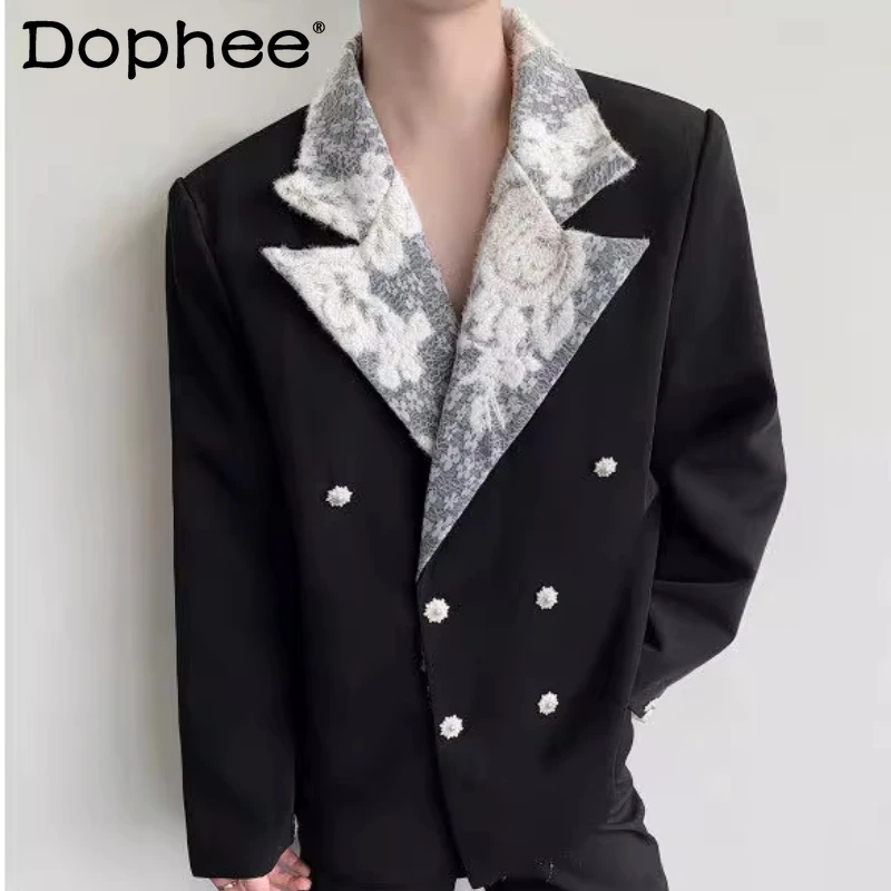 

Men's 2025 Spring Autumn New High-End Double-Breasted Suit Jackets Retro Light Luxury Chic Blazers Lace Splicing Tailored Coats