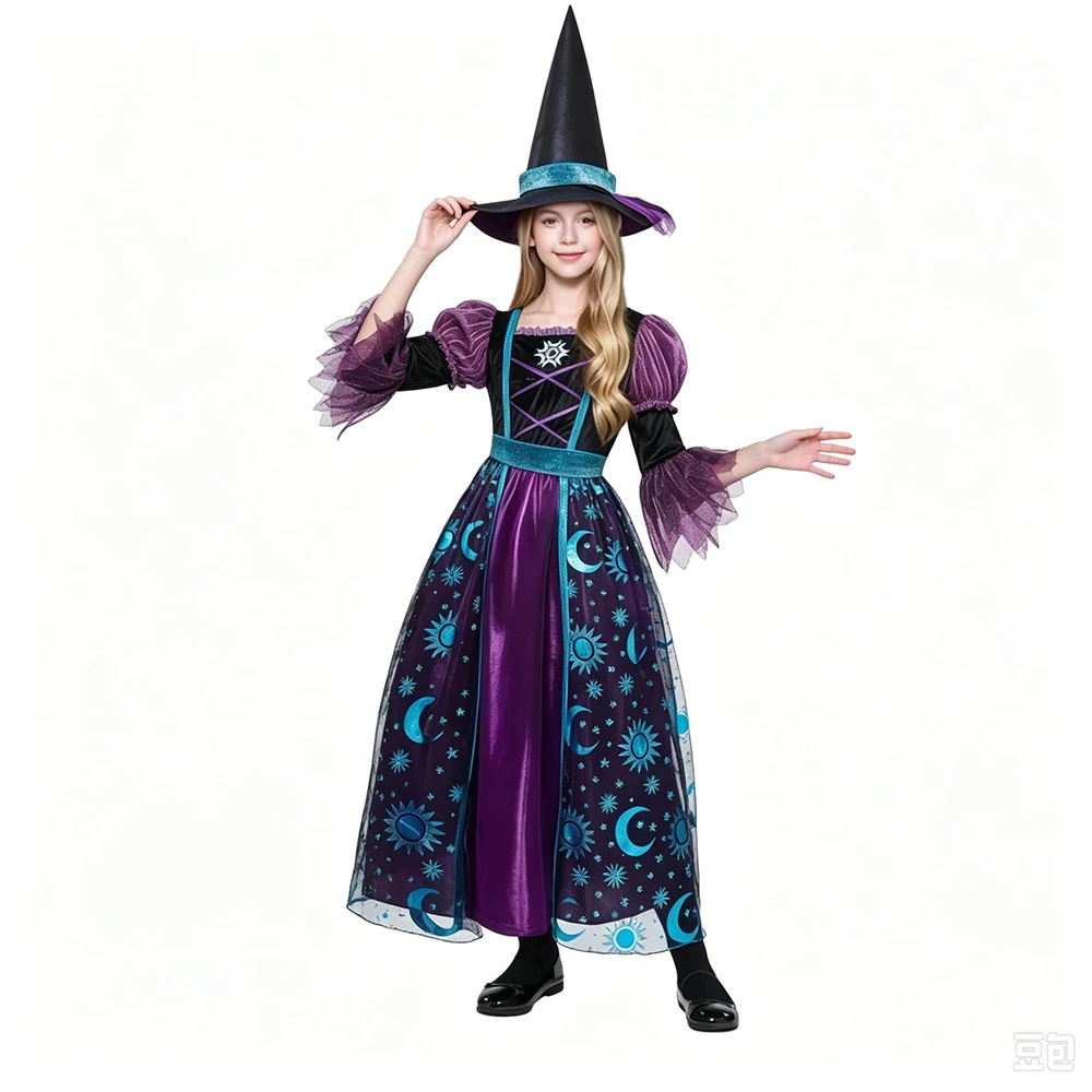 Girls Witch Halloween Costume Kids Fancy Dress with Witch Hat & Broom,Kids Cosplay Outfit for Carnival Birthday Party
