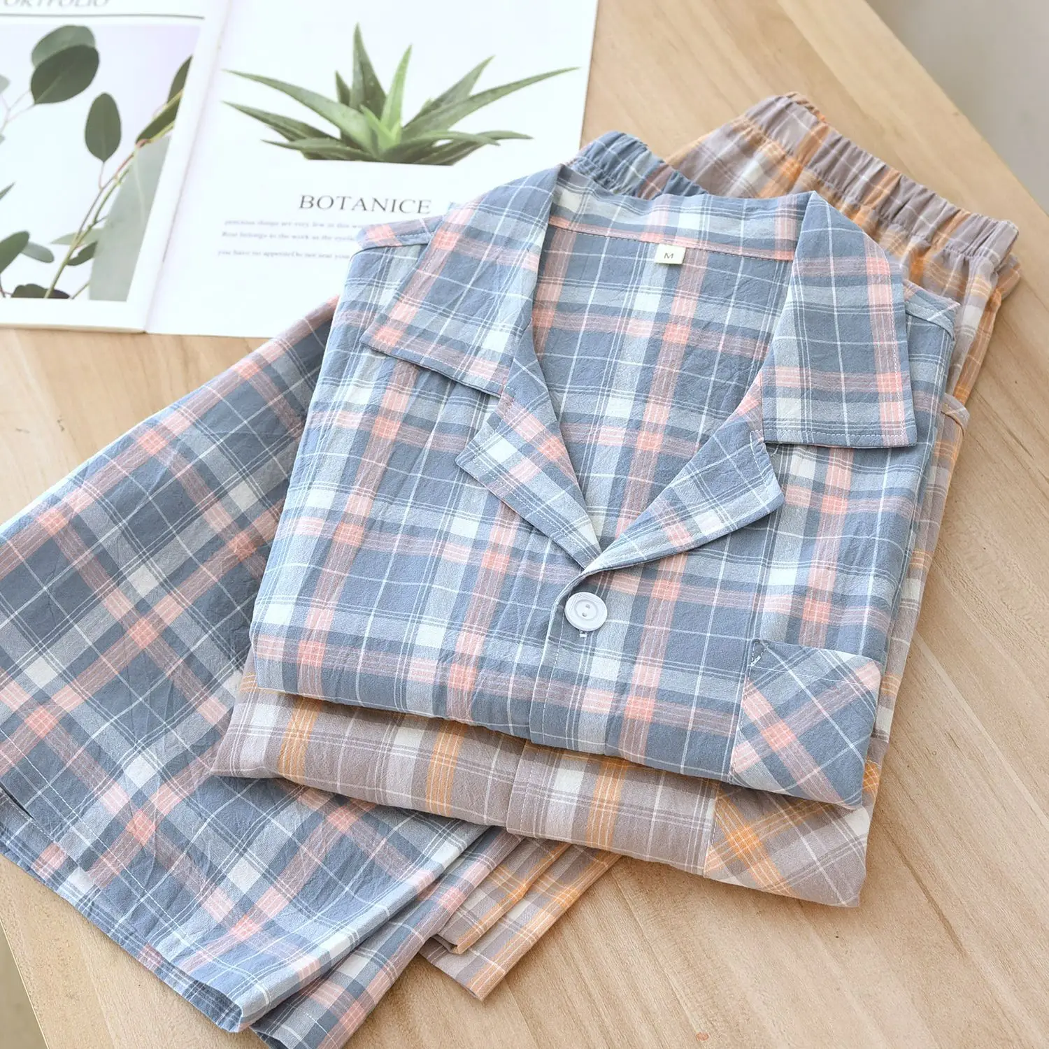 Summer Plaid Men's Pajamas Short Sleeved Shorts Set Home Clothes Cotton Pajama Sets