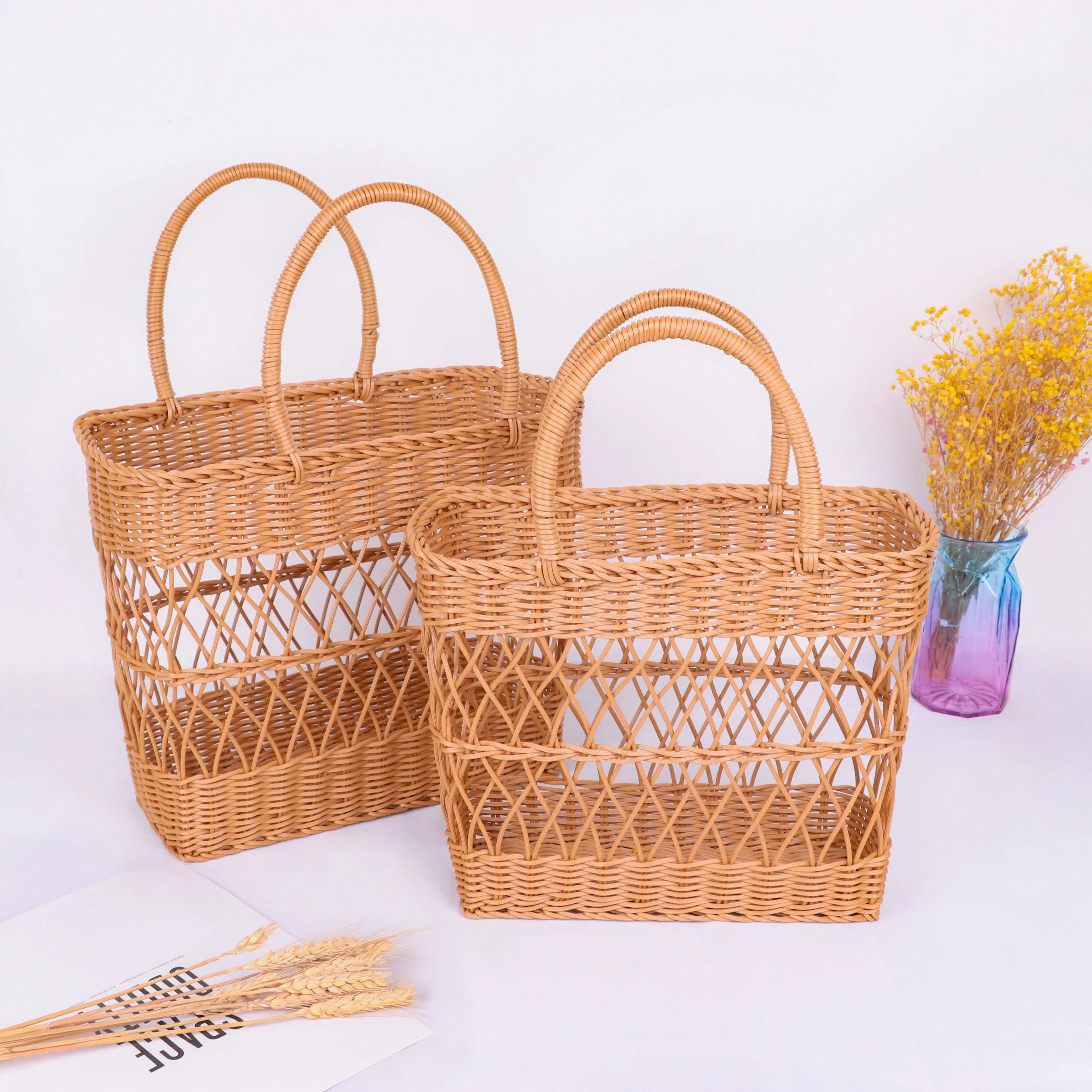 Woven Picnic Basket Large Capacity Fashionable Handmade Shopping Basket Portable Rattan Basket For Camping Picnic BBQ Fishing