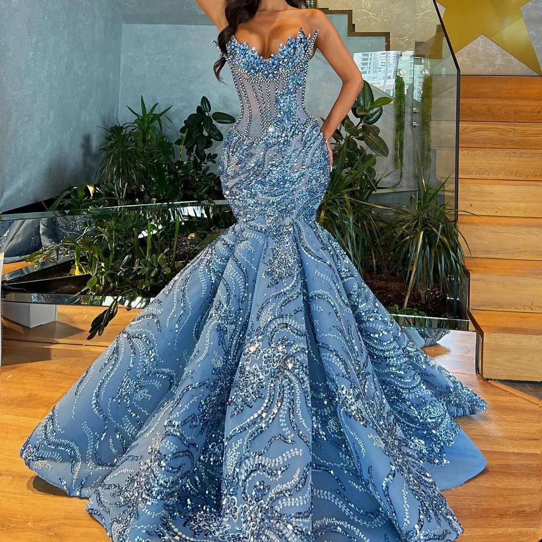 

Роскошные вечерние платья без бретелек с бриллиантами для торжественных случаев, расшитое кристаллами и блестками, расшитое бисером платье русалки для выпускного вечера на заказ