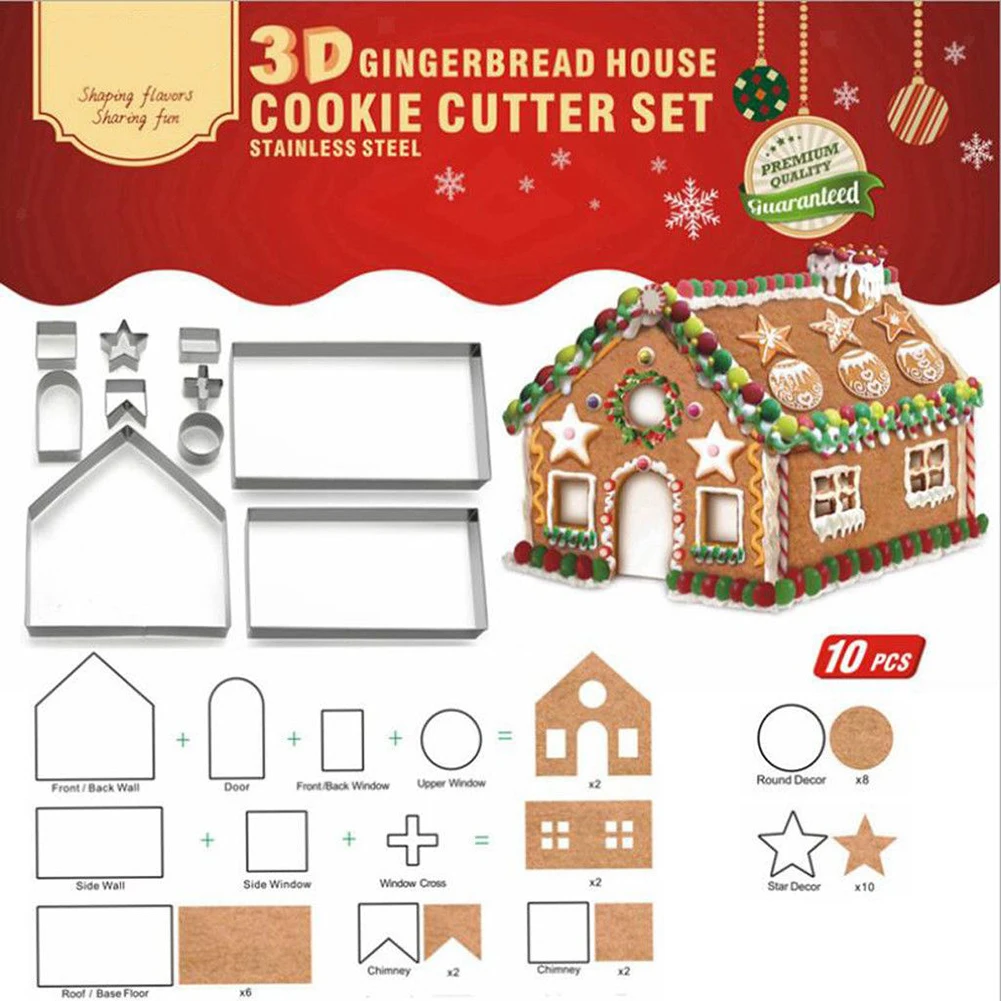 10pcs/set Christmas Gingerbread House Cookie Cutter Set Stainless Steel House Fondant Biscuit Chocolate Mould Baking Accessory