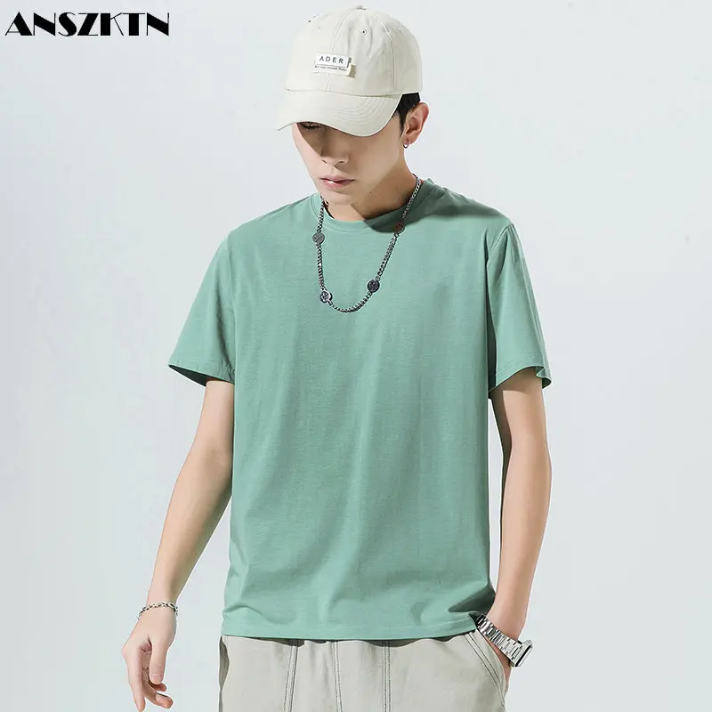 ANSZKTN Loose pure cotton half sleeve men's small off shoulder combed cotton 200g plus size 12 color data model short sleeve T-s