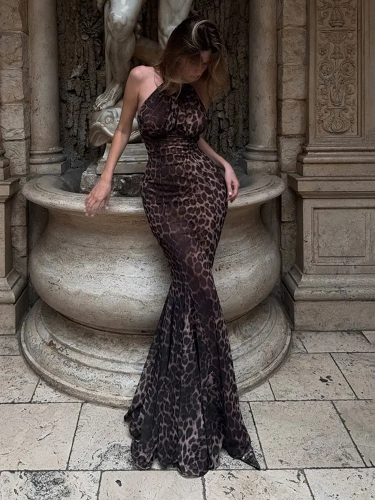 GACVGA Mesh Leopard Print Backless Maxi Dress Women Gown Elegant Halter Sleeveless Sexy Bodycon Draped Club Long Dress