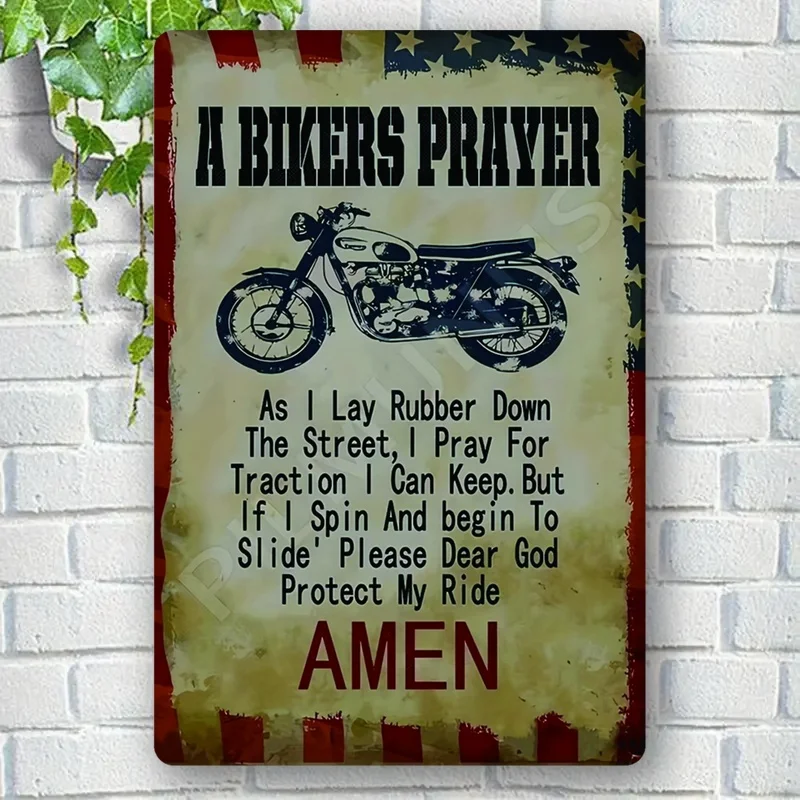 Vintage Biker'S Prayer Metal Sign -  Retro Wall Decor with Motorcycle Illustration, 