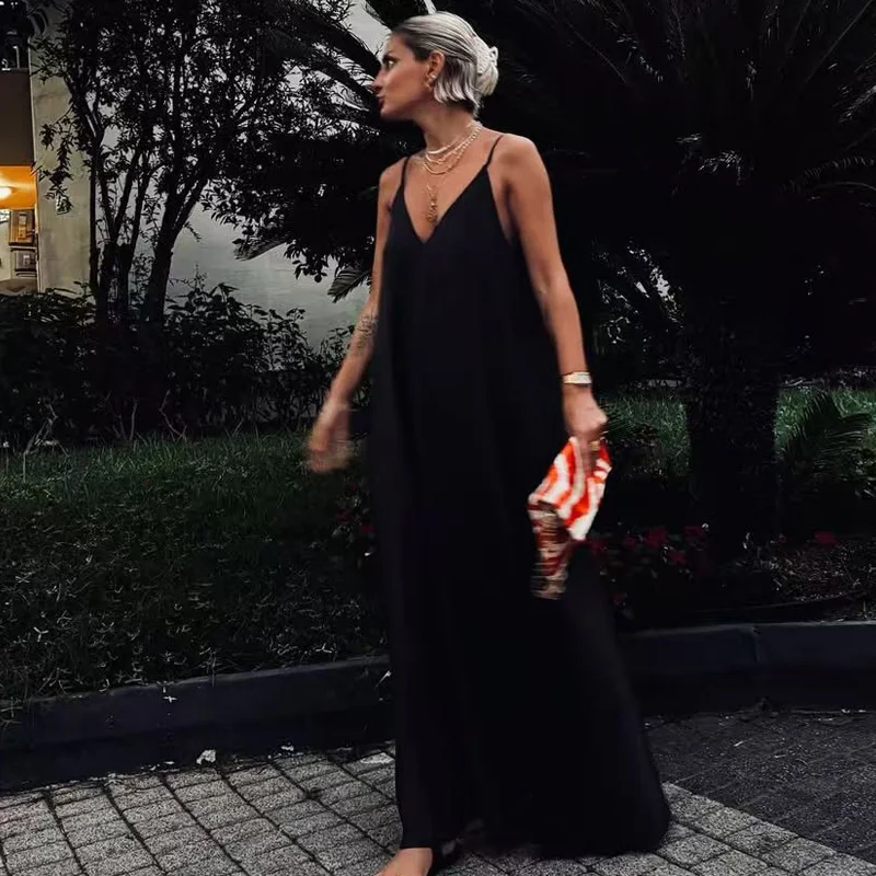 HXAO 2025 Damska Sukienka na Ramiączkach Letnia Zielona Czerwona Czarna Sukienka Codzienna Dekolt V Bez Pleców Długie Sukienki Bez Rękawów Vestidos Sukienki Wakacyjne