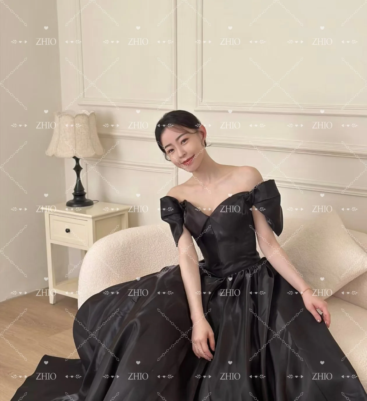 ZHIO Classic Shiny Black Wedding Party Dress Off Shoulder A-Line Korea Photo Shoot Bridal Reception Gown Customized 웨딩드레스