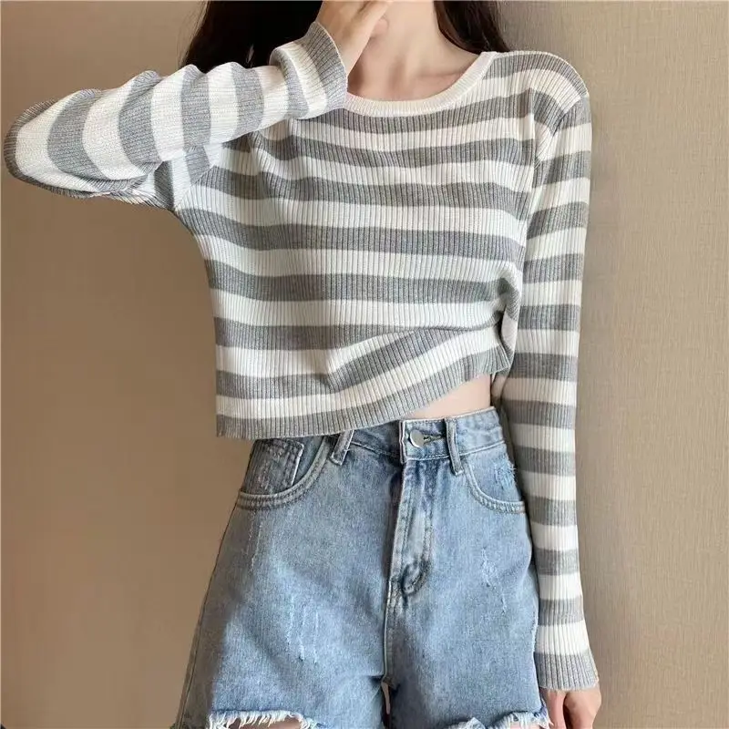 Women's Clothing Korean Striped Pullovers Knitted Spring Autumn Loose O-Neck Contrasting Colors Casual Long Sleeve Short T-shirt