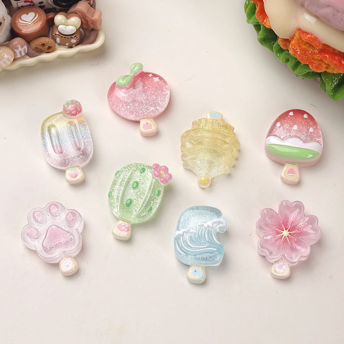 20pcs  Kawaii Transparent glitter Popsicle Resin Flatback Cabochon Scrapbooking Phone Decoration Craft DIY Hair Bows Center