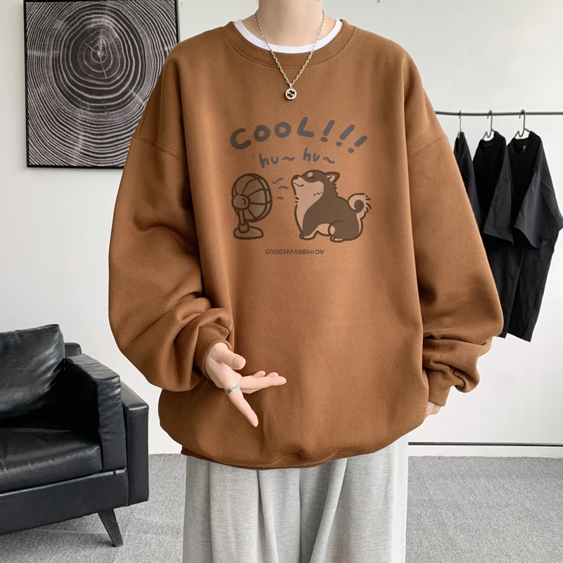 الربيع والخريف الرجال طاقم الرقبة الكلب طباعة أبيض أسود المشمش رمادي فاتح البلوز زوجين عارضة فضفاض الأزرق المخملية البلوز