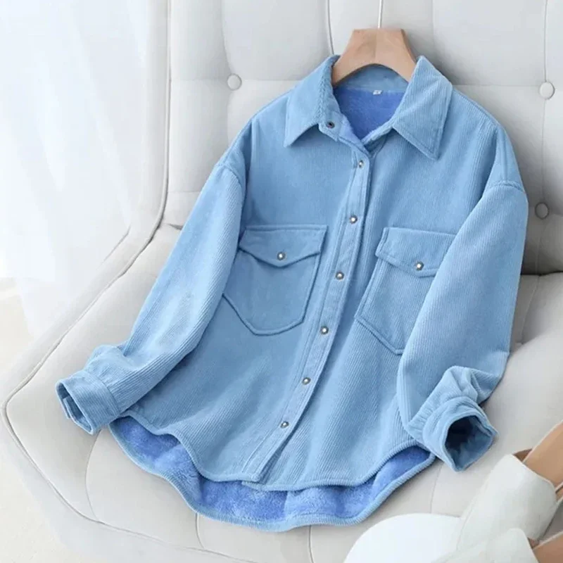 2023 Autumn Winter Soft Corduroy Shirt Women Casual Loose Turn-Down Collar Velvet Thick Tops Woman Korean Bottoming Warm Shirts