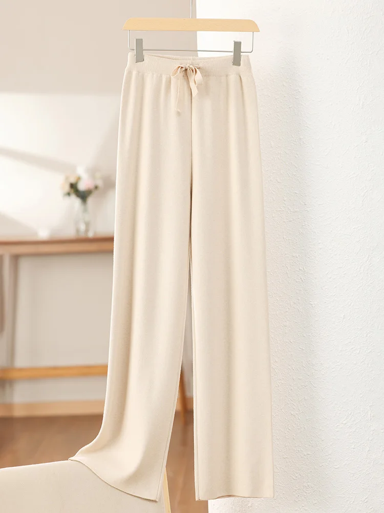 Calça feminina de malha de cintura alta com pernas largas, elástica, quente, corte reto, tamanho pequeno, comprimento até o chão, camada de base...