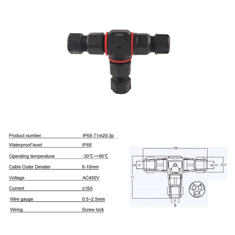 Electrical Terminal Wire Cable Connector, 3 Pin, T Type, Waterproof, Outdoor, Underwater Terminal Block