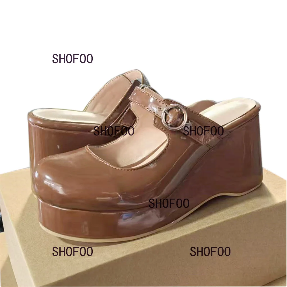 SHOFOO shoes Beautiful women's high-heeled slippers. About 9cm heel height. Baotou slippers. Outdoor wedges slippers. size:34-46