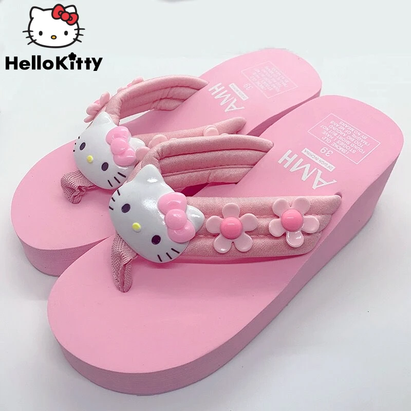 Sanrio Hello Kitty Melody Trend Flip Flops For Women Y2k Sweet Thick Sole Anti-slip Sandals Holiday Beach Slipper Casual Shoes