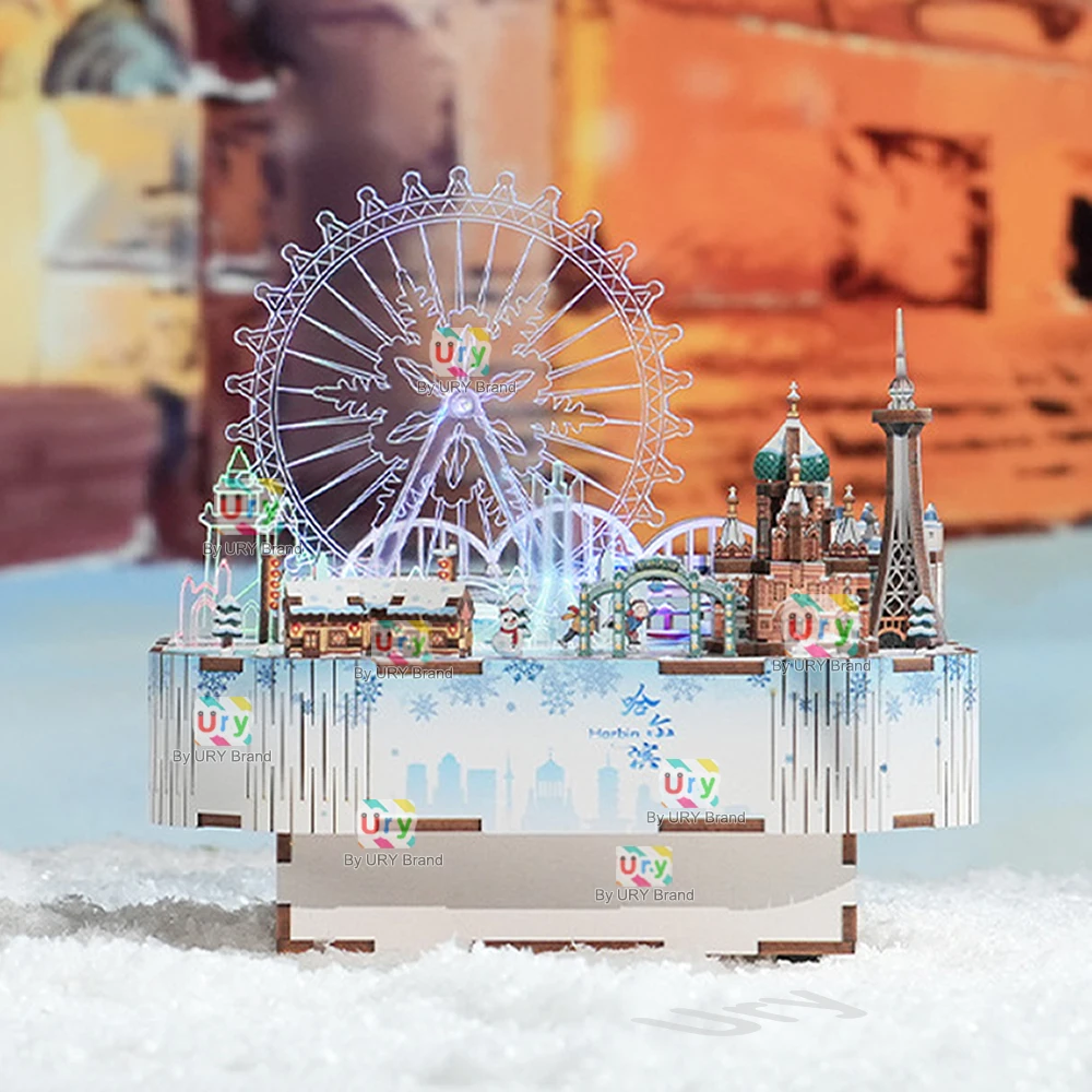 Ury 3D Wooden Puzzles Ice Amusement Park Led Rotatable Ferris Wheel Music Box Church Model Kit Assembly DIY Toy Gift for Adult