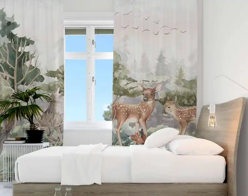 Woodland Animals Curtains Kids Bedroom Curtains Playroom Black Out Nursery Decor Baby Room Curtains Bedroom Living Room Curtain