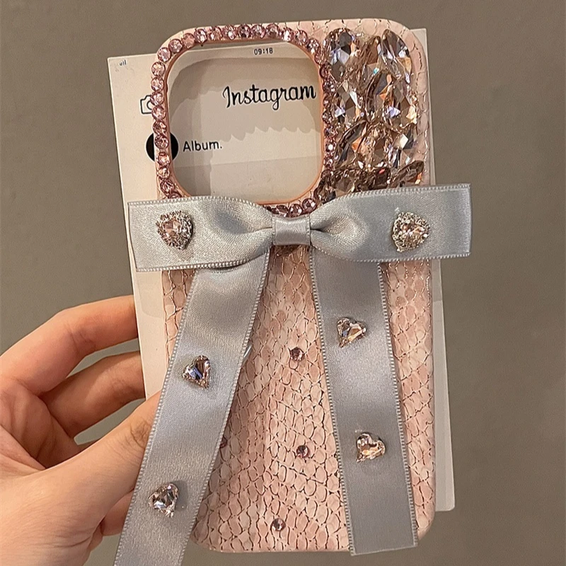 

Pink Diamond Bowknot Phone Case For Iphone 16 15 14 13 12 11 Pro Max Anti-Fall Luxury Girl Phone Case