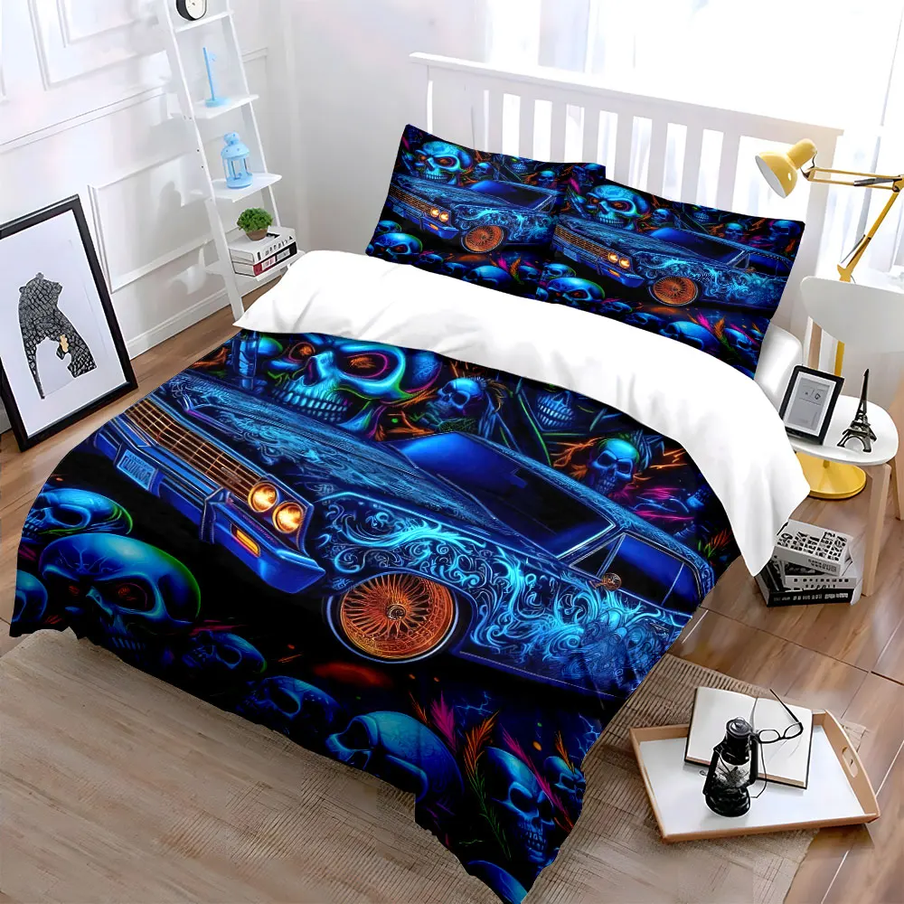 Stylish skull art car design Print Soft Comfortable Duvet Cover Bedding Set Included 1*Duvet Cover 2*Pillowcases Luxury gifts