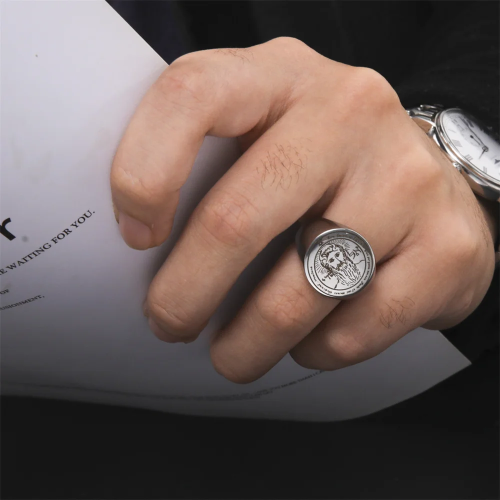 EUEAVAN Key of Solomon Seal Rings for Men Stainless Steel Silver Color The First Pentacle Ring Good Luck Talisman Amulet Jewelry