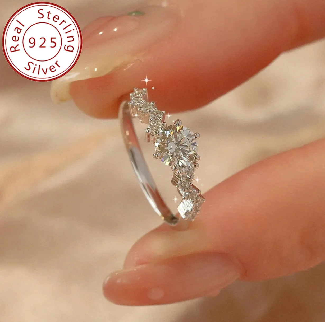 S925 خاتم هندسي مطلي بالروديوم 1CT D اللون مويسانيتي بستة شوكات للنساء، مجوهرات رائعة