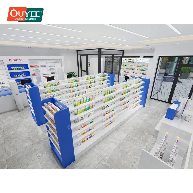 custom.Oem Wall Display Pharmacy Renovation Multi Layer Wood And Metal Modern Pharmacy